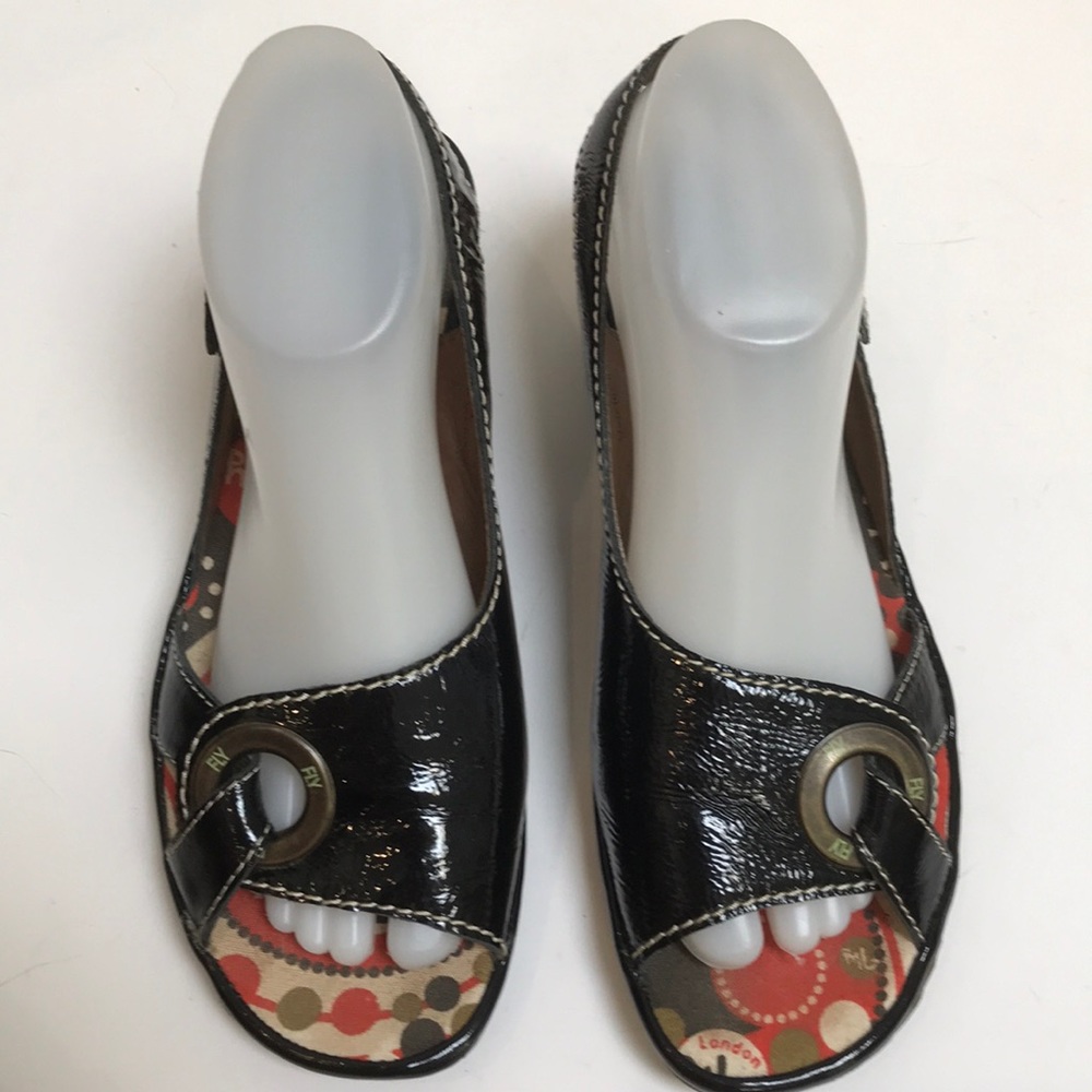 Fly London Black Patent Leather Sandals Wedge